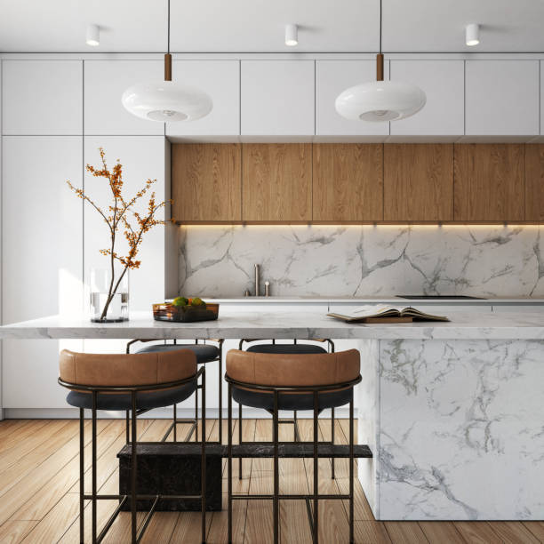 Transitional design, kitchen, wood floors, marble