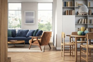 Transitional design style, hardwood flooring, in living room