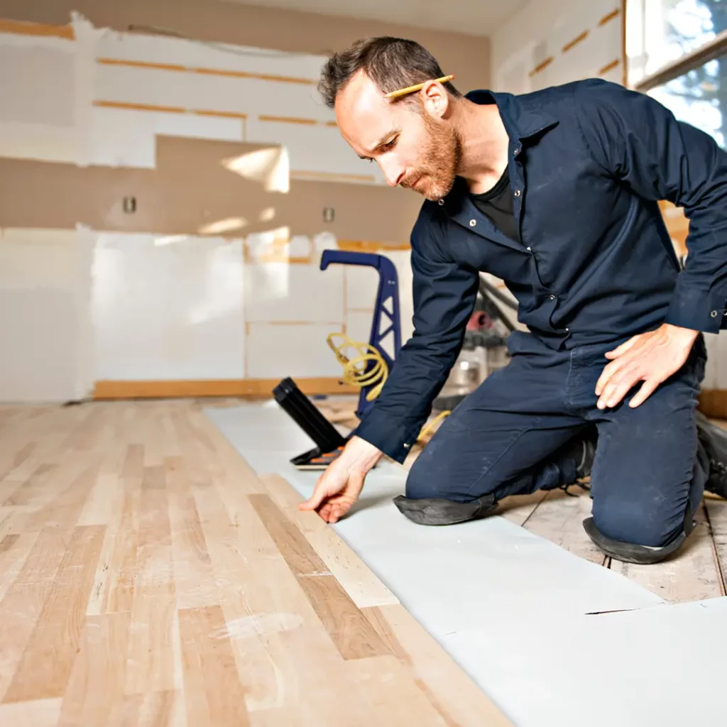 man installing hardwood flooring during renovation project