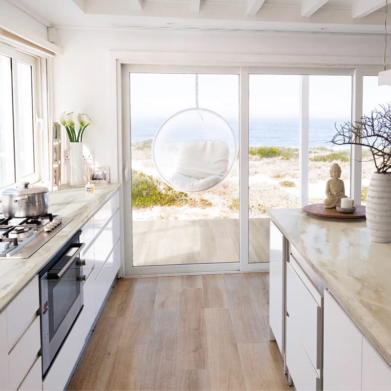 wood look tile flooring in a kitchen