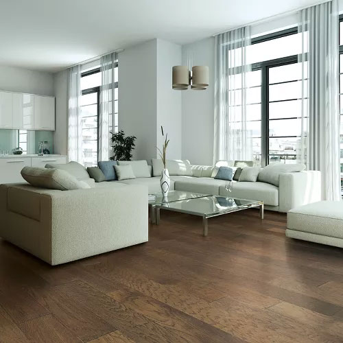 living room with hickory hardwood flooring 