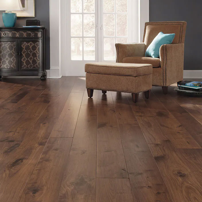 walnut hardwood flooring in a living room 