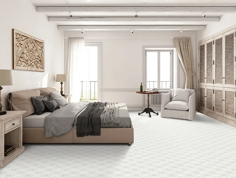 light colored patterned carpet in modern master bedroom 