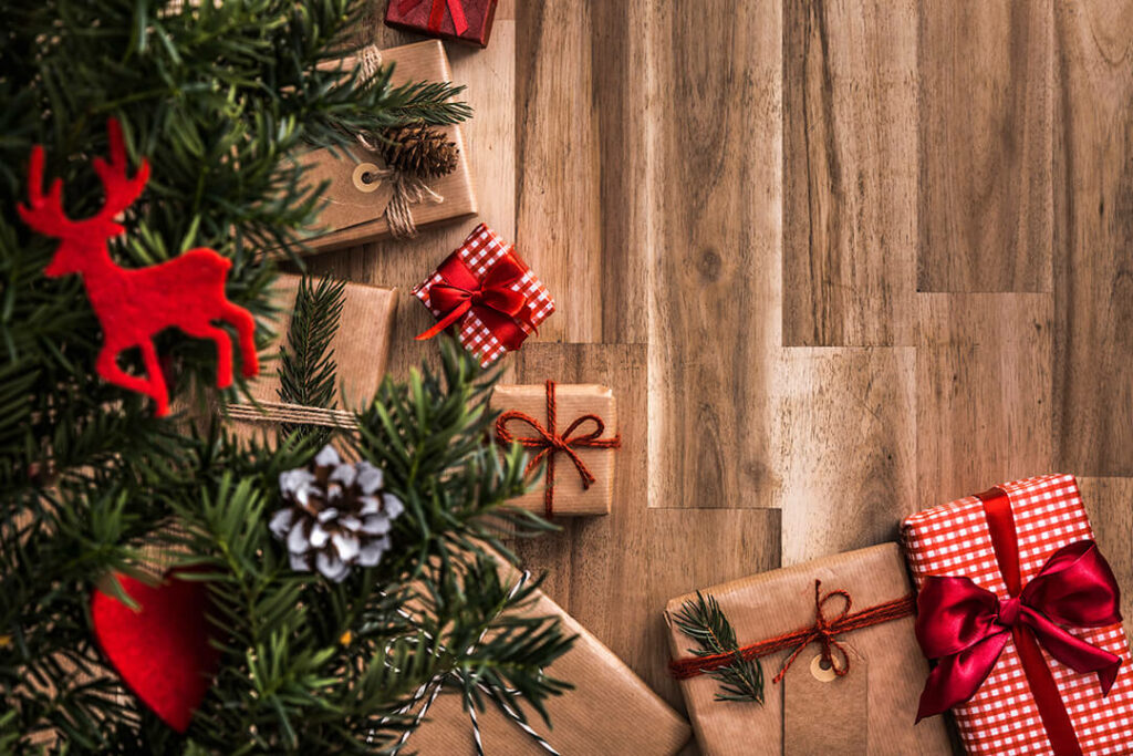 overhead view showing Christmas tree and hardwood flooring