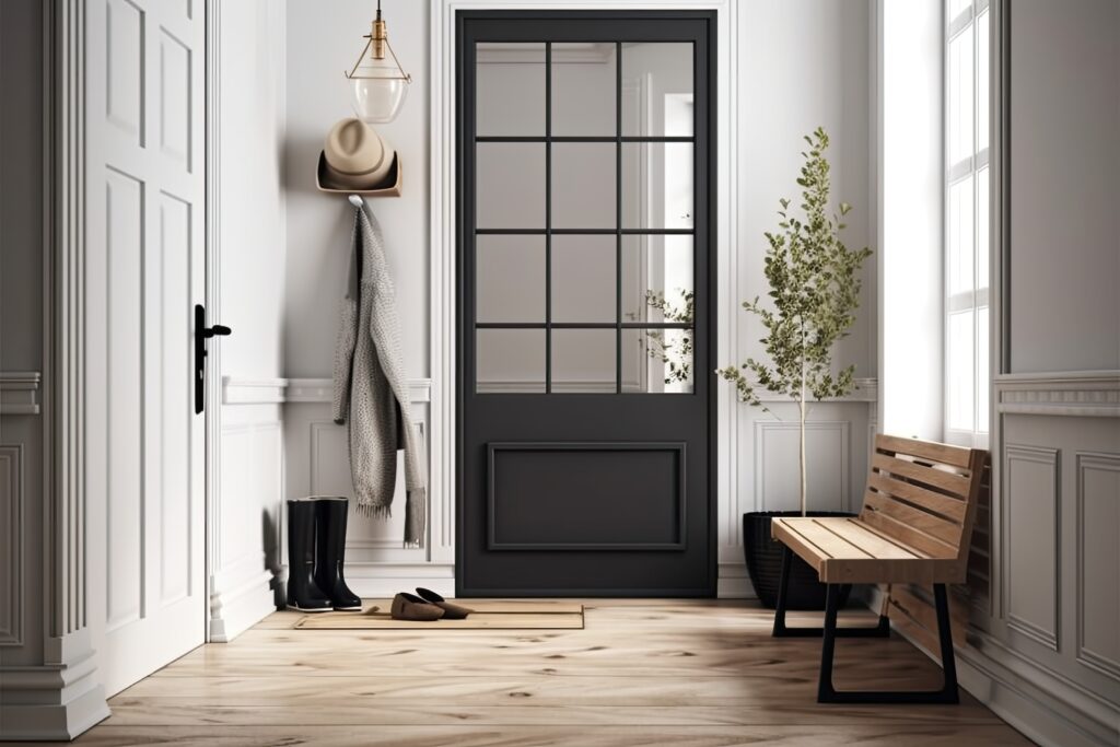 Scandinavian hallway with mock up in white and dark tones. Coat rack with wooden bench. Glass, wallpaper, and the front door of a farmhouse. 